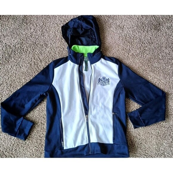 L-RL Lauren Active Track Jacket Size Small Full Zip White Blue Zip Away Hoodie - Picture 9 of 10